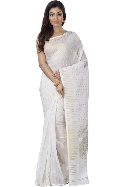 PIYARI Golden Self Design White Jamdani Cotton Blend Saree