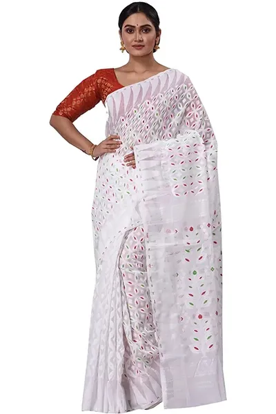 PIYARI White Self Design Jamdani Cotton Blend Saree