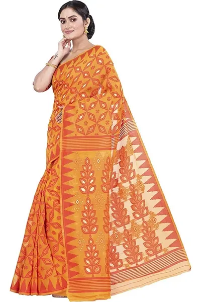 PIYARI Orange Self Design Jamdani Cotton Blend Saree