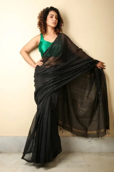 Black Self Design Jamdani Cotton Blend Saree