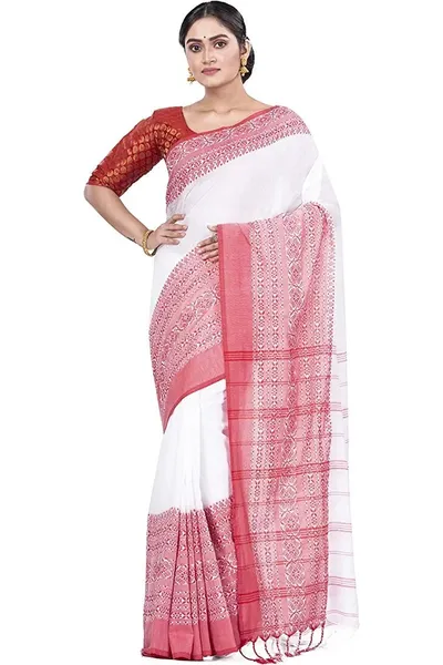 PIYARI Red Broad Woven Border Pure Cotton Saree