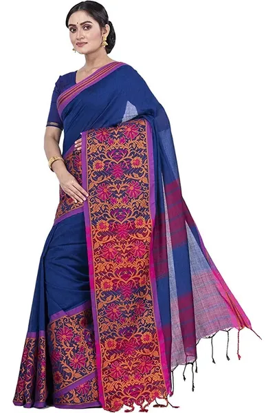 PIYARI Blue Self Design Pure Cotton Saree