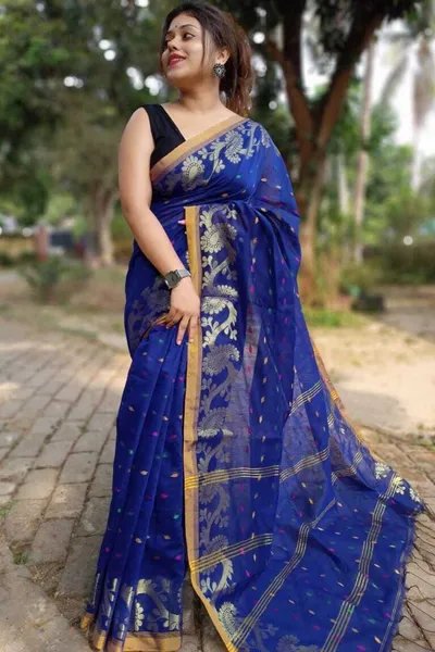 PIYARI Blue Floral Border Cotton Blend Saree