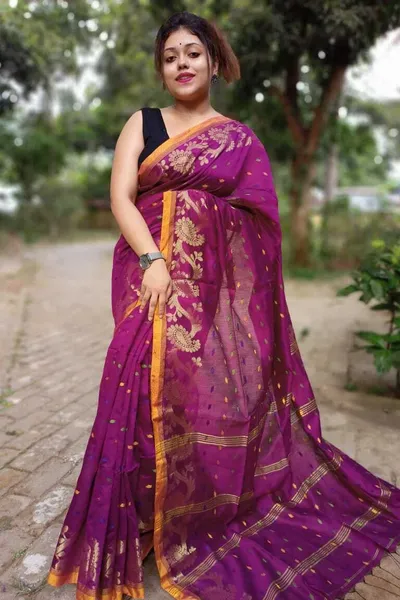 PIYARI Purple Self Design Handloom Cotton Blend Saree