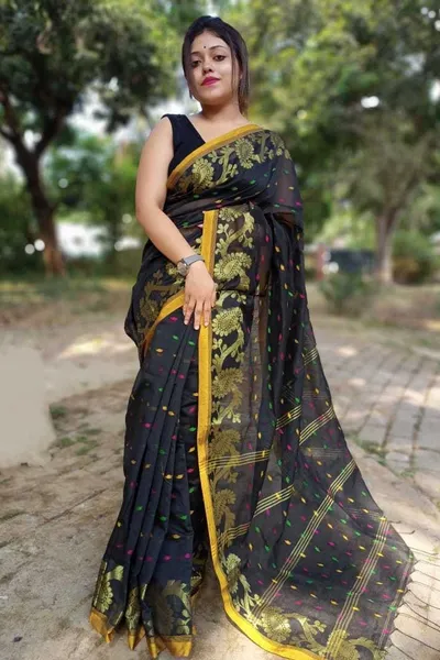 PIYARI Black Self Design Handloom Cotton Blend Saree