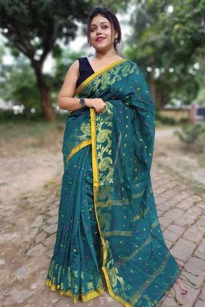 PIYARI Dark Green Floral Border  Cotton Blend Saree