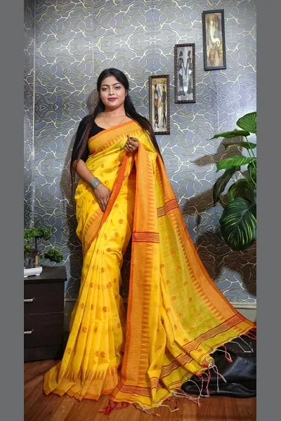 PIYARI Yellow Self Design Narayanpet Cotton Blend Saree