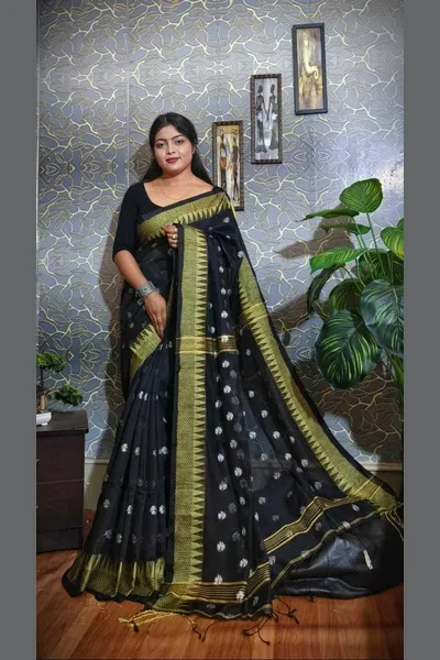 PIYARI Black Self Design Cotton Blend Saree