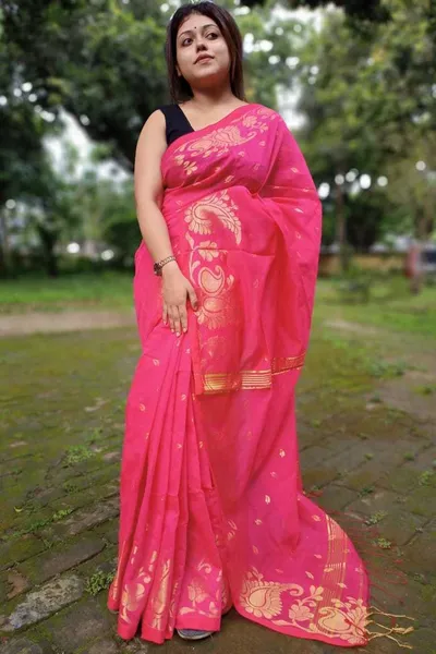 PIYARI Pink Self Design Handloom Cotton Blend Saree