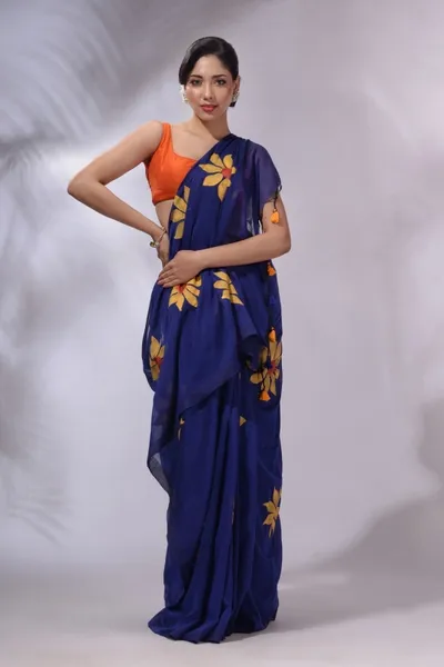 PIYARI Dark Blue Hand Painted Handloom Pure Cotton Saree