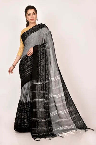 Aahiri Self Design Bollywood Handloom Pure Cotton Saree (Black, Grey)