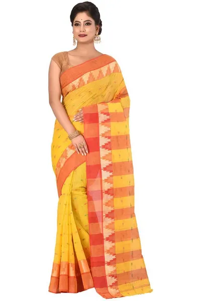 Aahiri Yellow Self Design Temple Border Pure Cotton Saree