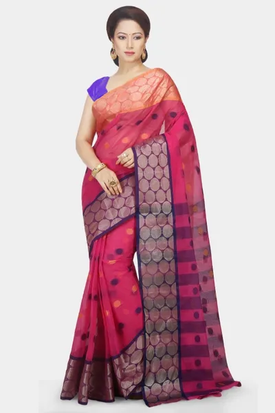 Pink Tant Handloom Pure Cotton Saree With Blue And Gold Polka Designs