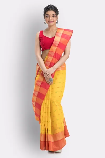 Yellow Temple Border Tant Pure Cotton Saree