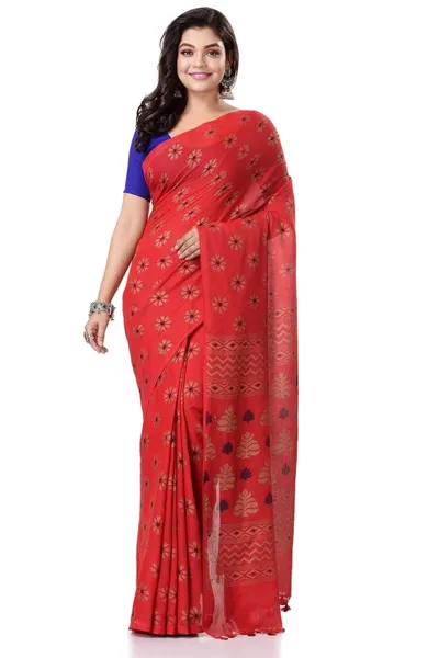 TANTLOOM Red Self Design Handloom Pure Cotton Saree