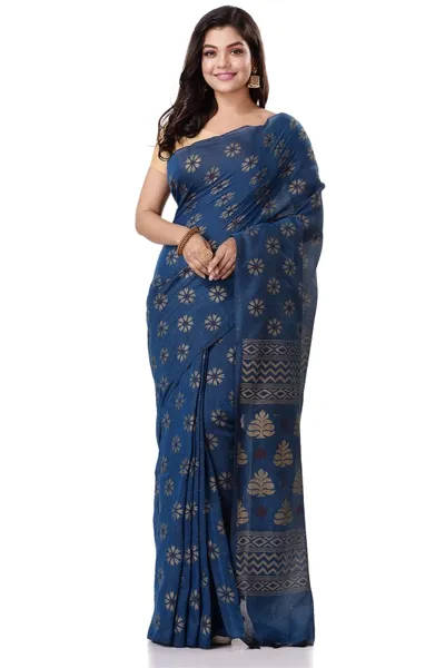 TANTLOOM Blue Self Design Handloom Pure Cotton Saree