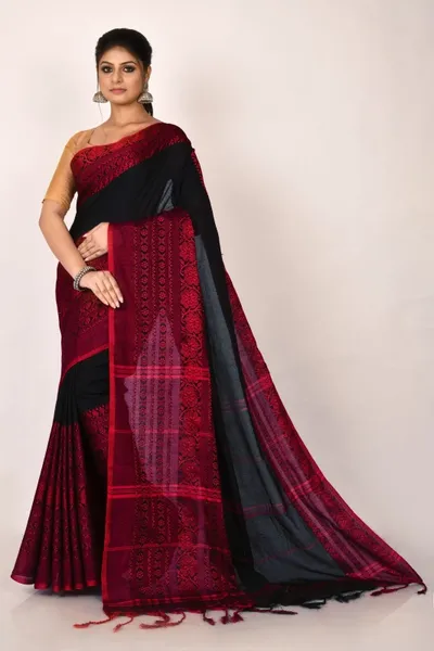 Black Handloom Pure Cotton Saree with Self Designed Red Border