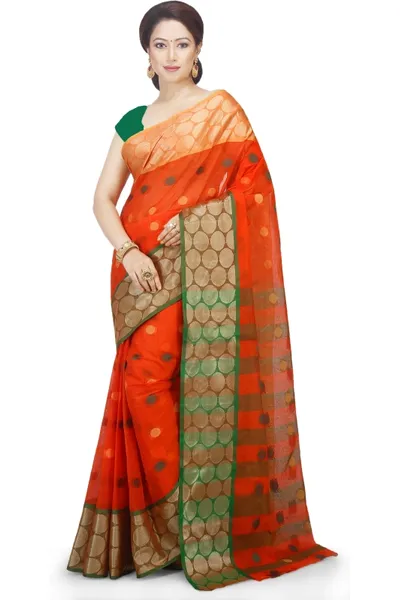 Orange Printed Tant Handloom Pure Cotton Saree