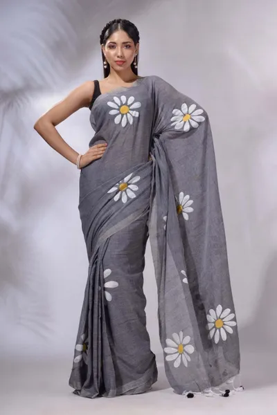 Handspun Cotton Grey Handloom Printed Saree