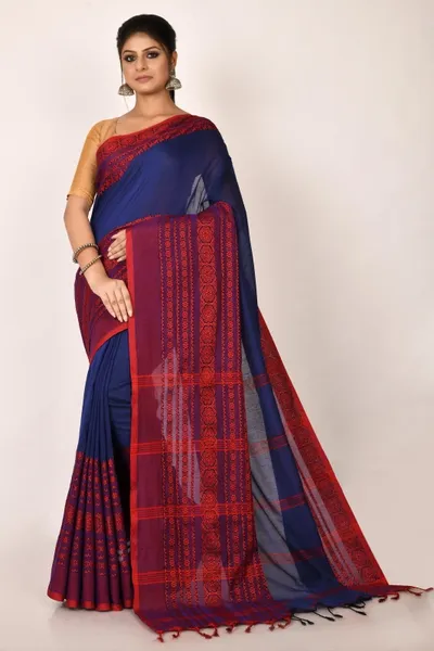 Aahiri  Blue Handloom Pure Cotton Saree With Maroon Self Designed Border