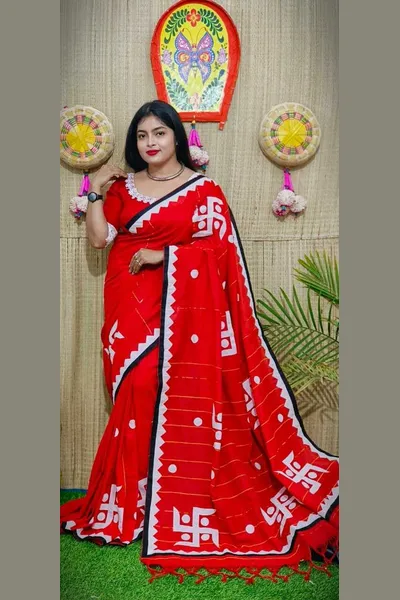 SLAGHA Applique Work Red Handloom Pure Cotton Saree