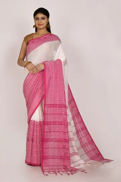 Aahiri White And Pink Self Design Handloom Pure Cotton Saree