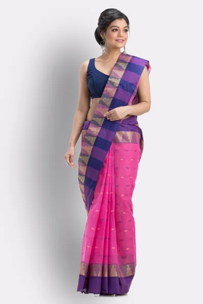 Piyari Fashion Pink Temple Border Tant Pure Cotton Saree