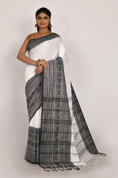 Aahiri White Handloom Pure Cotton Saree With Black Self Design Border