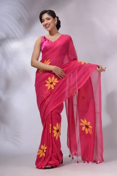 PIYARI Pink Hand Painted Handloom Pure Cotton Saree