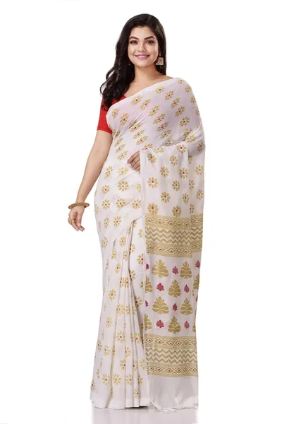 TANTLOOM White Self Design Handloom Pure Cotton Saree