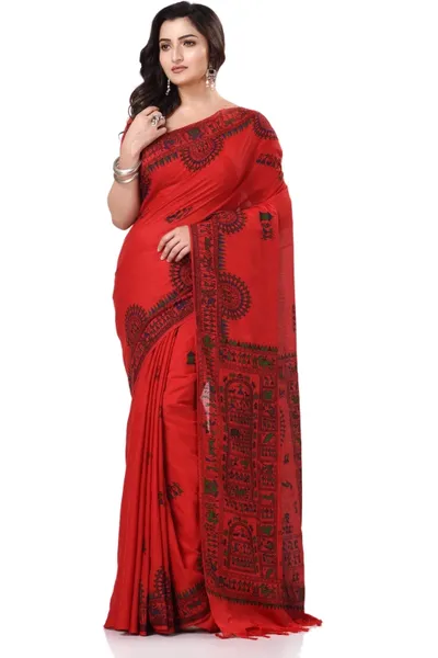 TANTLOOM Printed Handloom Red Pure Cotton Saree