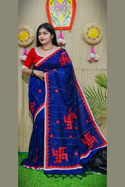 SLAGHA Applique Work Blue Handloom Pure Cotton Saree