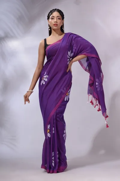 PIYARI Purple Hand Painted Handloom Pure Cotton Saree