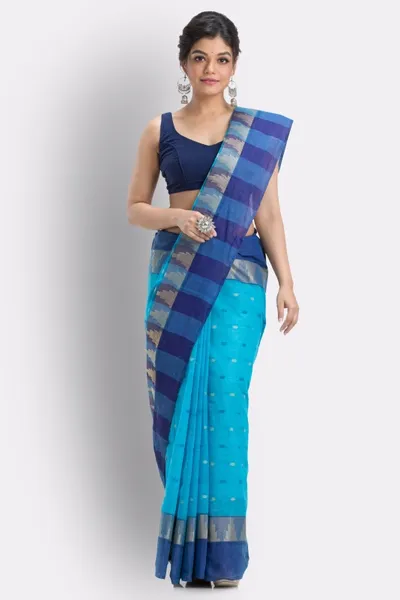 Piyari Fashion Light Blue Temple Border Pure Cotton Tant Saree