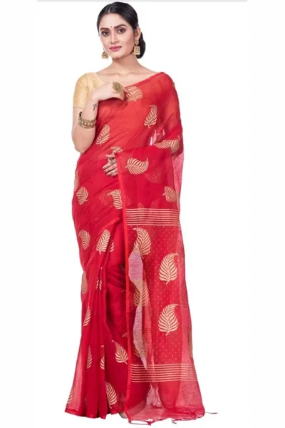 Red And Gold Printed Handloom Cotton Silk Saree