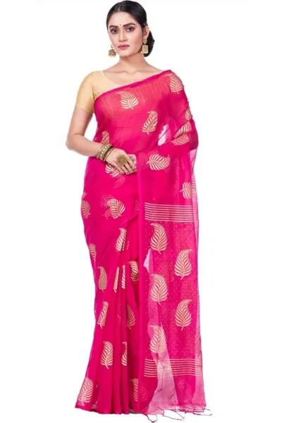 dutta saree centre Printed Handloom Cotton Silk Saree (Gold, Pink)