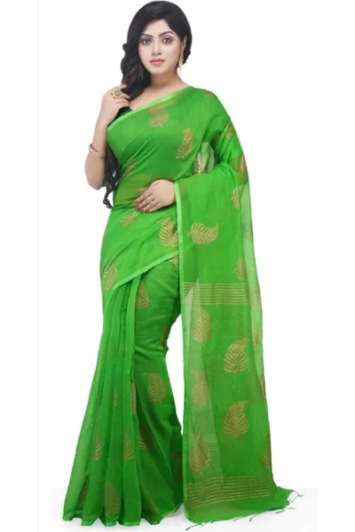 Gold Leaf Printed Light Green Handloom Cotton Silk Saree