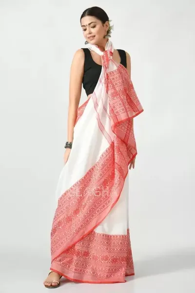 Sabita White and Red Self Design Handloom Cotton Blend Saree