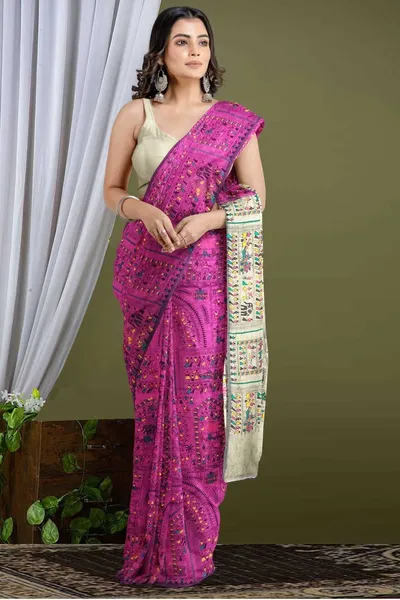 Balorampal Pink And White Printed Handloom Cotton Silk Saree
