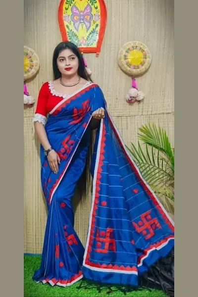 Blue Handloom Pure Cotton Saree With Applique Work