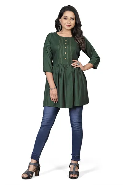 Embroidered Round Neck Green Short Kurti For Women