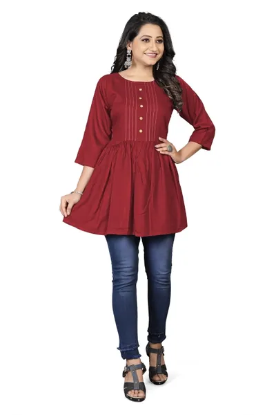 Embroidered Round Neck Red Short Kurti For Women