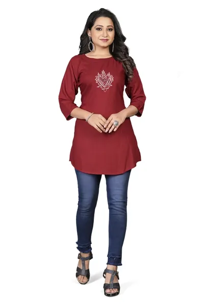 Stylish Fashionable Short Embroidery Red Tunic Top