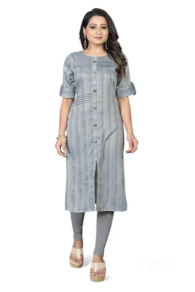 Women Striped Crepe, Grey Viscose Rayon Frontslit Kurta 