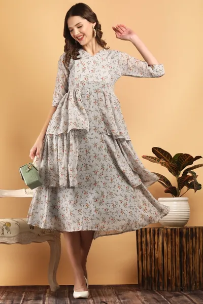 Georgette Double Frilled Floral Printed ALine Dress For Women