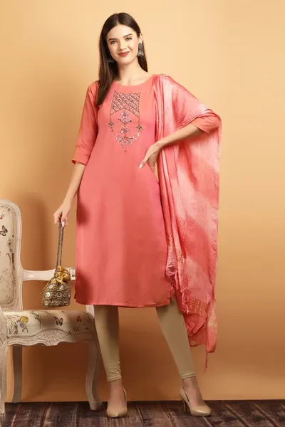 Women's Round Neck Designer Work Kurti with Duppata Set