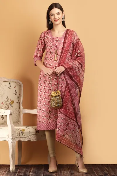 Women's Stylish Cotton Foilprint Kurti with Dupatta Set