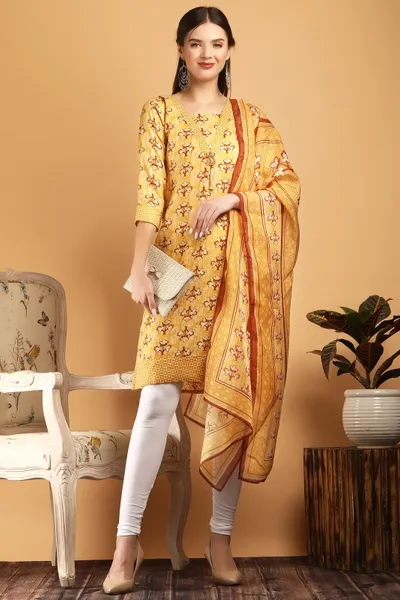 Women's Stylish Cotton Foilprint Kurti with Dupatta Set