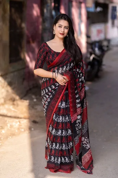 Black Soft Linen Mango Print Saree