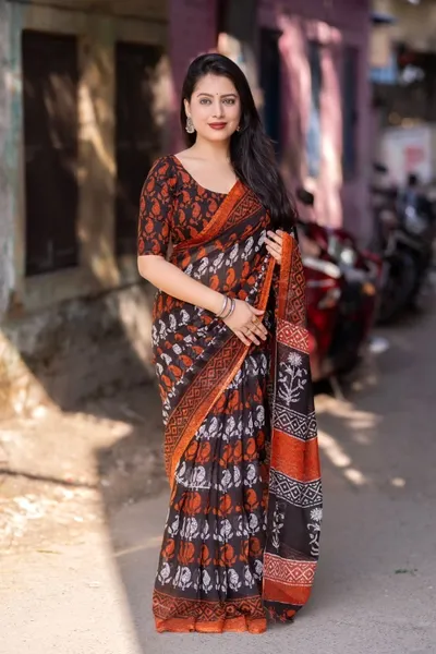 Soft Linen Orange Mango Print Saree